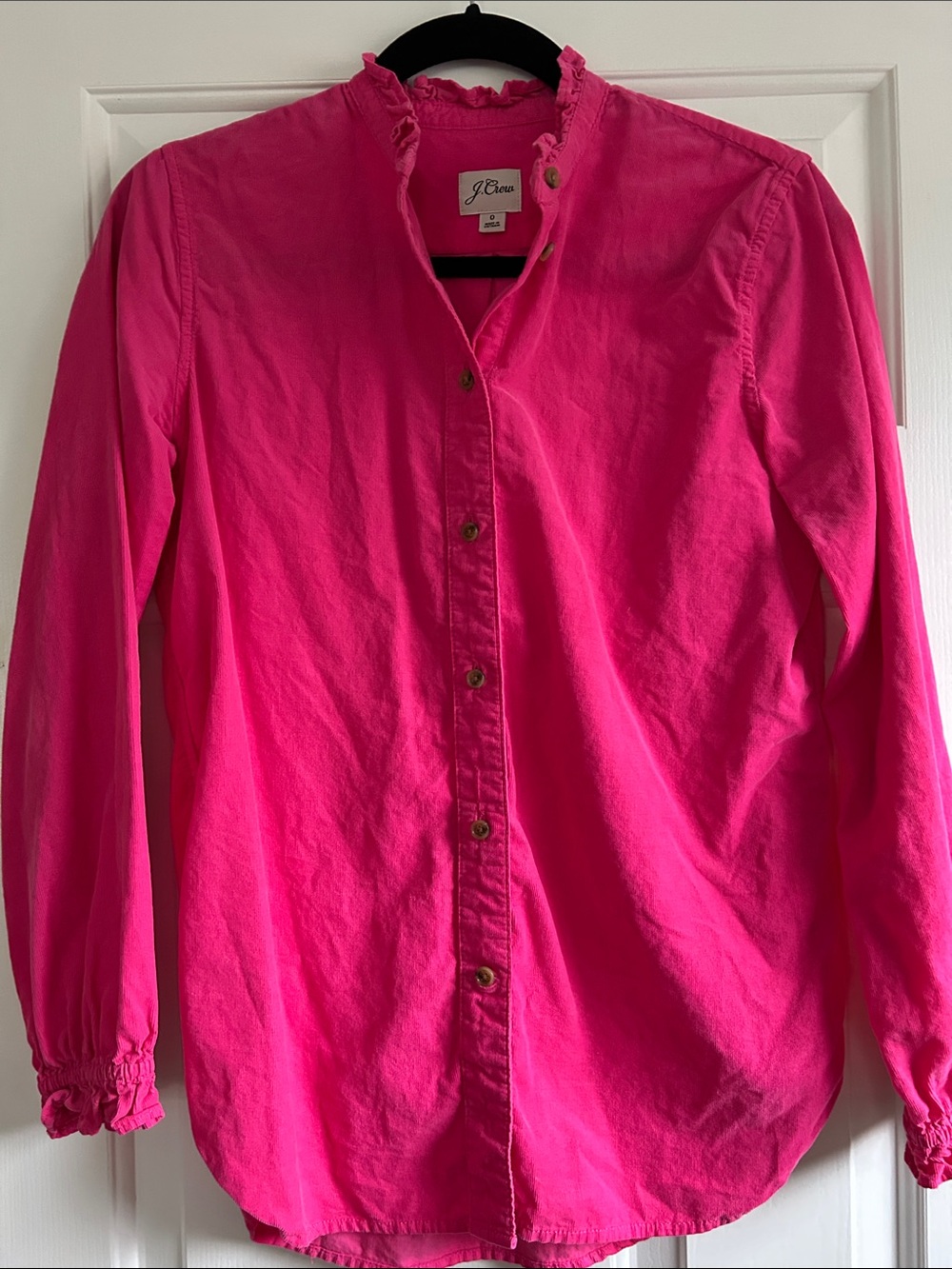 0 J. Crew Corduroy Women’s  Bright Pink Ruffled Collar Button-Up Shirt